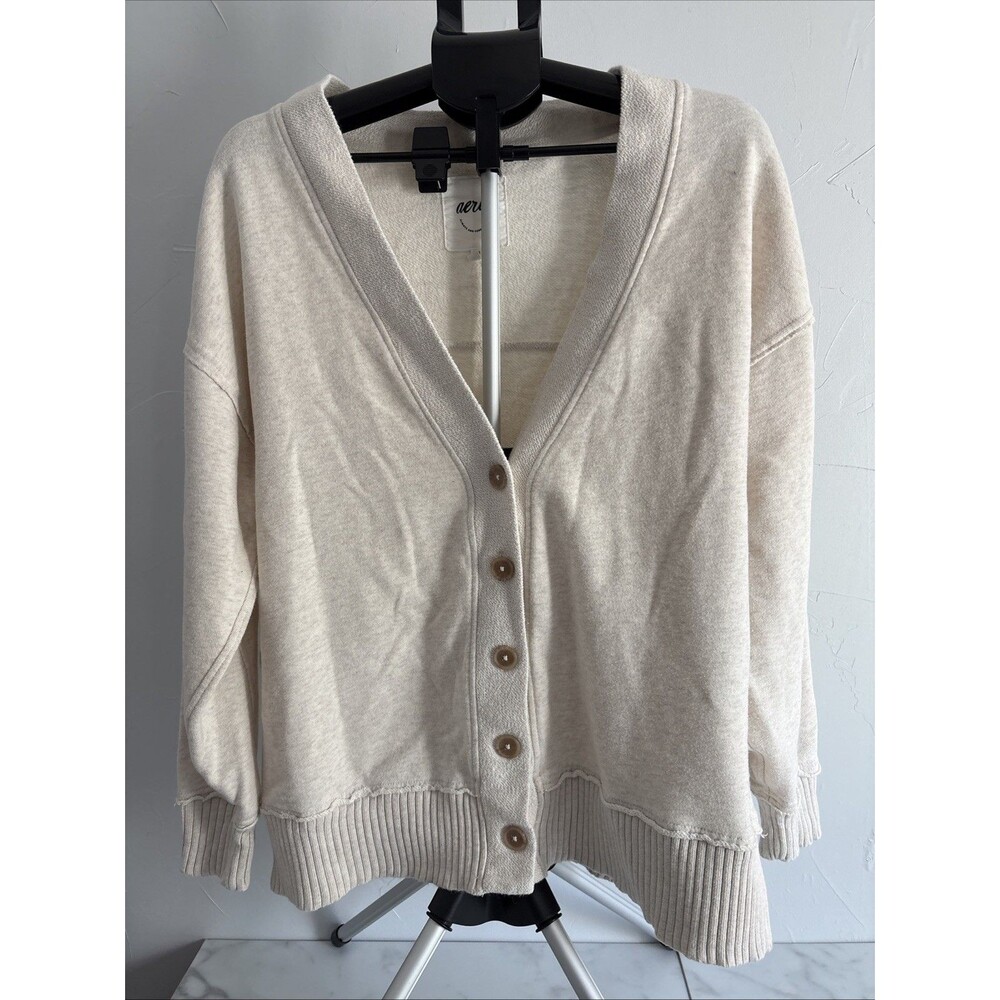 Aerie Vacay Fleece Oversized Cardigan Oatmeal Button Front Raw Seam Sz L